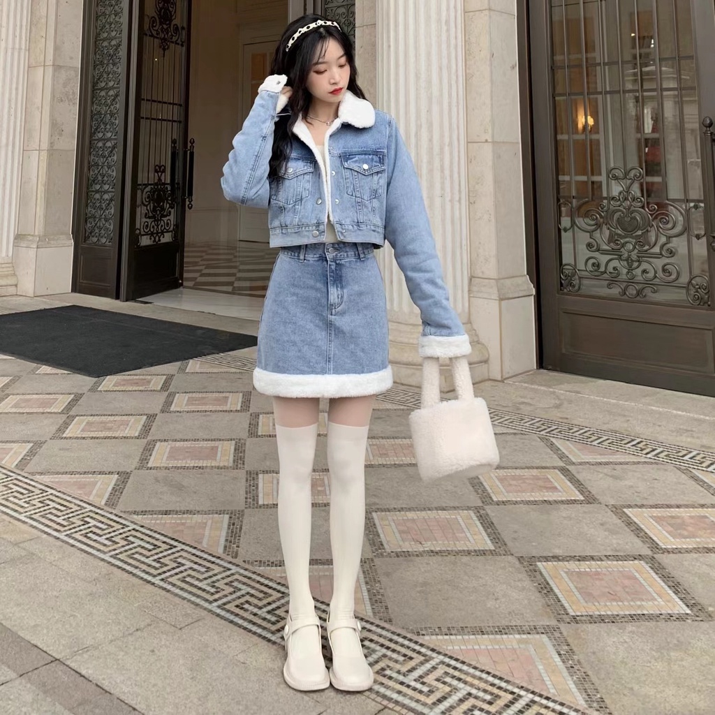 WOMEN'S เสื้อแจ็กเก็ตยีนสั้น ผ้าขนแกะ และกระโปรงเอวสูง ทรงเอ เหมาะกับเทศกาลคริสต์มาส ปีใหม่ สําหรับผู้หญิง