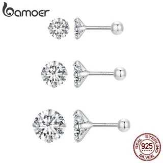 Bamoer ต่างหูเพทาย สีขาว 3 ขนาด ดีไซน์เรียบง่าย คลาสสิก สําหรับผู้หญิง เครื่องประดับ ของขวัญ