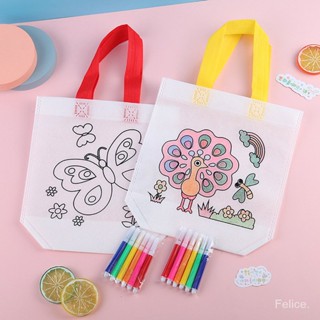 diy ของเล่น แถมปากกา 4 เเท่ง กระเป๋า Eco DIY กระเป๋า Doodle กระเป๋าผ้าแคนวาสเพ้นท์มือ DIY doodle Cloth bag for kids BD SA6483