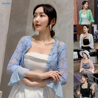 【HODRD】Cropped Lace Cardigan Shrug for Women Soild Color Slim Fit Top for Beach Holiday【Fashion】