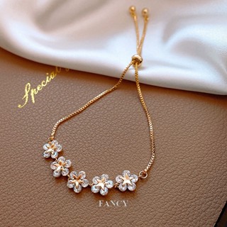 Fancy สร้อยข้อมือ ฝังพลอยเทียม หรูหรา สีทอง ดอกไม้ เสน่ห์ สไตล์เกาหลี