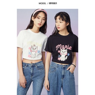 Spao เสื้อยืดแขนสั้น พิมพ์ลาย Disney Mary Cat Co น่ารัก สําหรับผู้หญิง SPRLD24D17