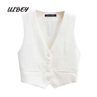 Uibey เสื้อกั๊กแขนกุด คอวี แต่งหัวเข็มขัด สีพื้น 0212