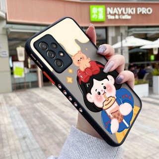 เคสโทรศัพท์มือถือแบบแข็ง ใส กันกระแทก ลายการ์ตูนเด็กผู้หญิงชานม มีลายด้านข้าง สําหรับ Samsung galaxy A52 4G A52 5G A52s 5G