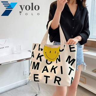 Yolo กระเป๋าสะพายไหล่ ผ้าแคนวาส ทรงโท้ท ขนาดใหญ่ จุของได้เยอะ พิมพ์ลายหน้ายิ้มน่ารัก สไตล์เกาหลี สําหรับใส่กล่องอาหารกลางวัน เดินทาง