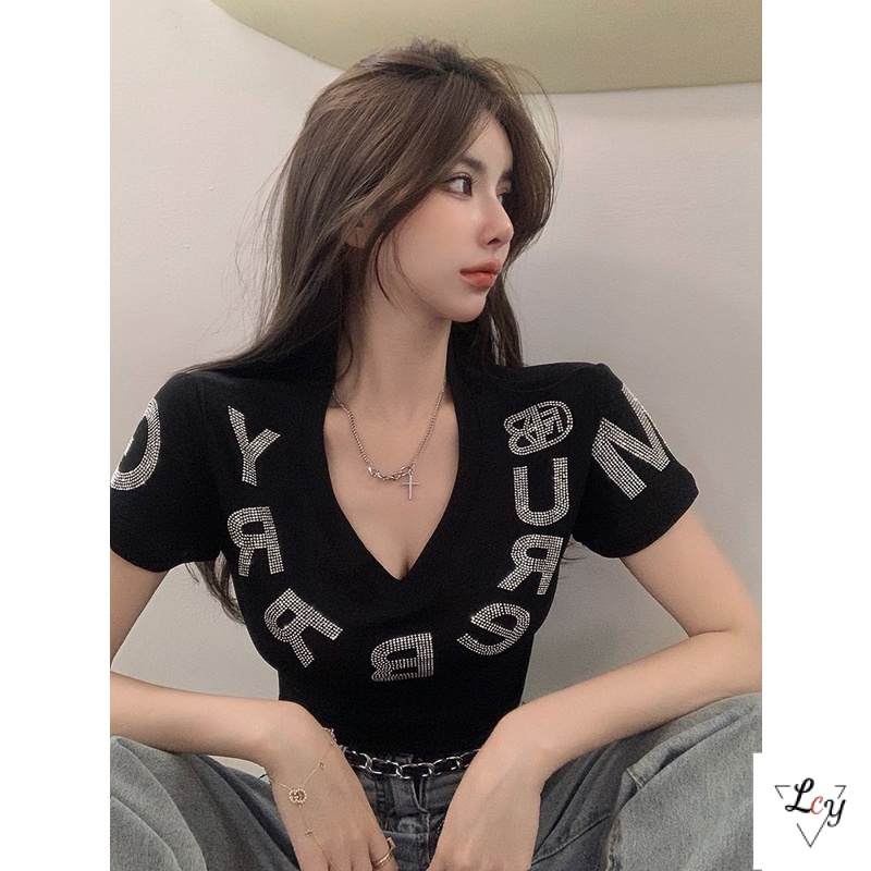 Y2k Style y2k เสื้อยืดคอวี แขนสั้น ประดับเพชร เซ็กซี่ สําหรับผู้หญิง