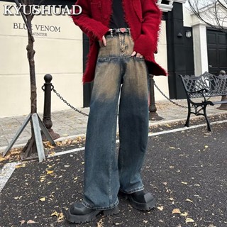 KYUSHUAD ล้างฮาราจูกุญี่ปุ่นแฟชั่นใหม่สีอ่อนแนวโน้มศิลปะกางเกงยีนส์, ปุ่มกางเกงขากว้าง,