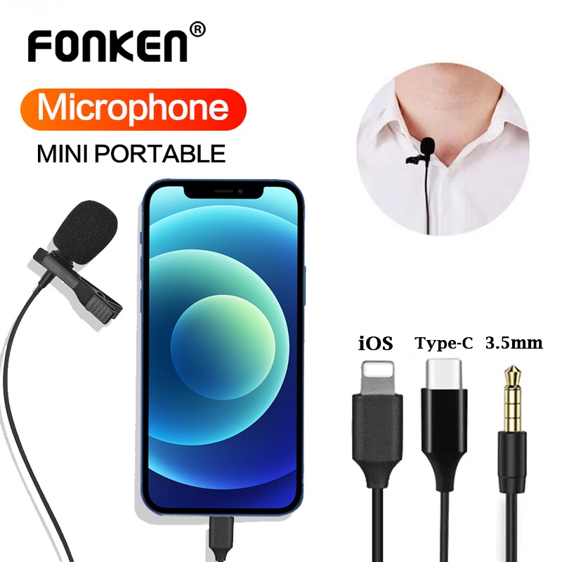 Fonken Lavalier ไมโครโฟนบันทึกเสียง Type C 3.5 มม. iOS 1.5 ม. สําหรับสมาร์ทโฟน