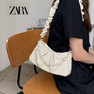 Zara กระเป๋าสะพายไหล่ ใต้วงแขน แต่งจับจีบ ประดับไข่มุก สําหรับผู้หญิง