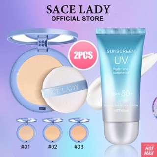 SACE LADY 2PCS Compact Powder &amp; Sunscreen Matte Waterproof Sunscreen Set ราคาถูกและใช้ง่าย กันเหงื่อ กันรังสีอัลตราไวโอเลตเพื่อให้แต่งหน้าได้ง่าย [hotmax]