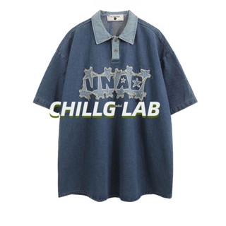 CHILLG LAB เสื้อยืดผู้ชาย ยีนส์ คอปก ไหล่หน้า แขนสั้น คู่รัก รุ่น เสื้อโปโล แบรนด์ tide