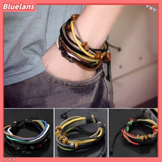 【 Bluelans 】สร้อยข้อมือเชือกหนังเทียม หลายชั้น ประดับลูกปัด 1 ชิ้น สําหรับทุกเพศ