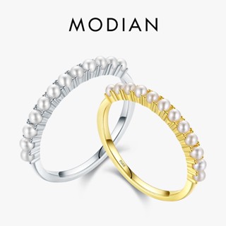 Modian แหวนเงินแท้ 925 ประดับมุก ทรงกลม ขนาดเล็ก หรูหรา สีทอง เครื่องประดับแฟชั่น สําหรับผู้หญิง ของขวัญวันครบรอบ