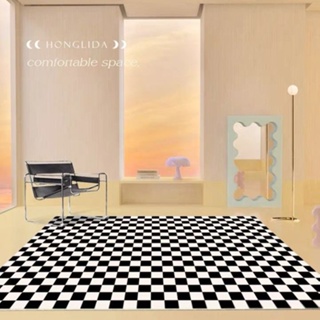 พรมปูพื้น ลายตารางหมากรุก สีเขียว สีขาว สไตล์โมร็อกโก เรียบง…