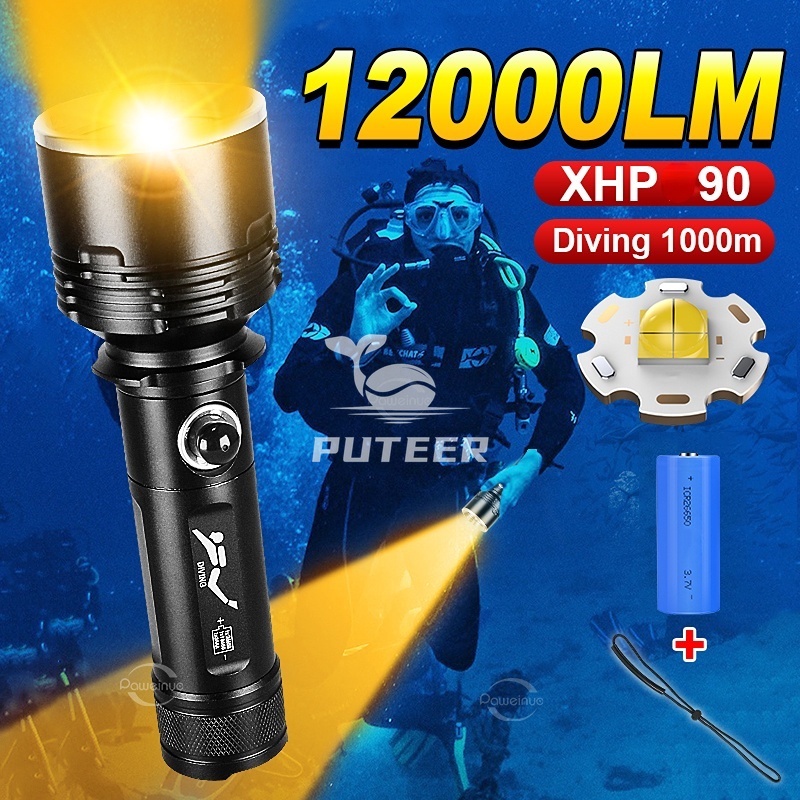 12000LM ไฟฉายดําน้ําแสงสีเหลือง Super Bright XHP90 ไฟฉายดําน้ําแบบชาร์จไฟได้ 100 M โคมไฟใต้น้ํา IPX8
