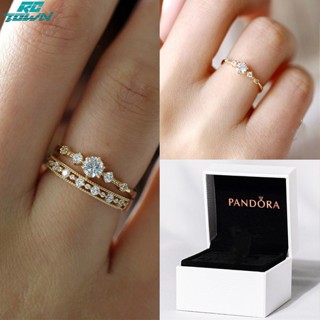 Rctown Pandora แหวนหมั้นแต่งงาน ทอง 14K ประดับเพชรเพทาย พร้อมกล่อง 2 ชิ้น ต่อชุด