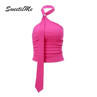 Sweeticme ใหม่ เสื้อกล้ามลําลอง สายคล้องคอ เข้ารูป สีพื้น เซ็กซี่ แฟชั่นสําหรับสตรี 2023