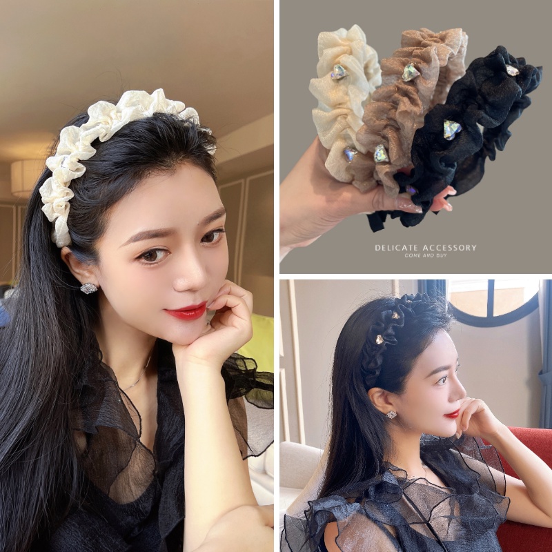 คริสตัลหวานพีชหัวใจคาดศีรษะ ออร์แกนซ่า จีบลูกไม้กว้างด้านกดผมแฟชั่นเกาหลีอุปกรณ์ผมสําหรับผู้หญิง