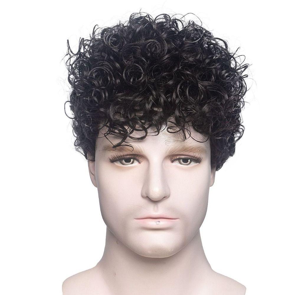 Angryswift สั้นหยักวิกผมผู้ชาย,สีน้ําตาลปุยวิกผมสังเคราะห์หยิก, Fasion ด้านข้างส่วนธรรมชาติที่มองไม่เห็นแฟชั่นชายวิกผม Retro คอสเพลย์
