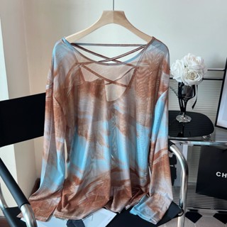 เสื้อเชิ้ต ผ้าตาข่าย เปิดหลัง กันแดด พิมพ์ลายมัดย้อม ทรงหลวม สีโปร่งใส 7039