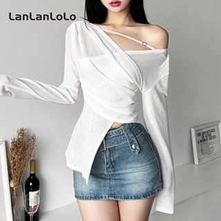 Lanlanlolo เสื้อยืดแขนยาว คอวี แต่งจับจีบ ทรงไม่สม่ําเสมอ สีพื้น แฟชั่นสตรีท 2023