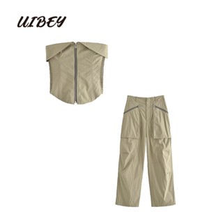 Uibey เสื้อท็อปส์ รัดรูป แฟชั่น + กางเกง 2631