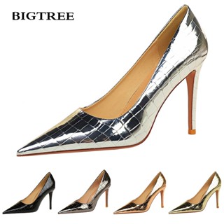 %Bigtreeรองเท้าหนังส้นเข็มหัวแหลมปากตื้น10.5ซม.สไตล์เรโทรไซซ์ใหญ่9611-7LY5Qสําหรับผู้หญิง