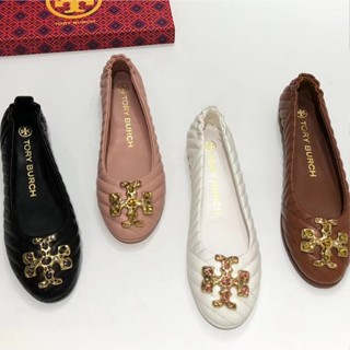 TORY BURCH รองเท้าบัลเล่ต์ ส้นแบน ประดับเพชรเทียม สี่สี สไตล์คลาสสิก สําหรับผู้หญิง