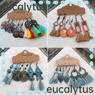 Eucalytus1 ต่างหู จี้พู่ โลหะผสม สไตล์โบฮีเมียน โบราณ ของขวัญ สําหรับผู้หญิง 3 ชุด