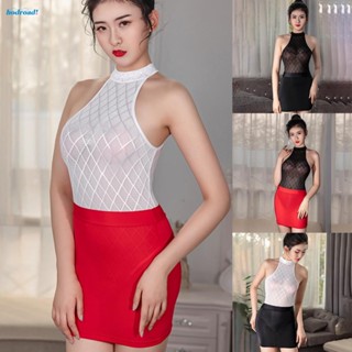 【HODRD】Womens Sleeveless Lingerie Bodysuit Skirt Sleepwear Pajamas Set White/Black/Red【Fashion】