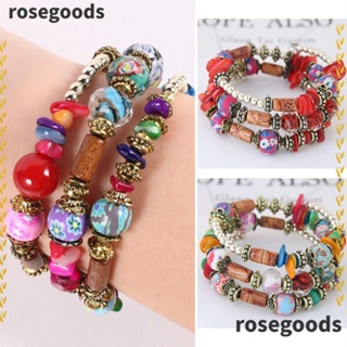 Rosegoods1 สร้อยข้อมือ หลายชั้น โซ่ยืดหยุ่น หลายชั้น โบฮีเมียน ของขวัญ เครื่องประดับชนเผ่า ไม้ ยืดหยุ่น สร้อยข้อมือผู้หญิง