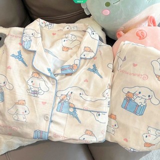 ใหม่ ชุดนอน เสื้อแขนยาว ลายการ์ตูน Cinnamoroll Y2k กางเกงขายาว สไตล์เกาหลี สองชิ้น สําหรับผู้หญิง หอพักนักเรียน เหมาะกับฤดูใบไม้ผลิ ฤดูใบไม้ร่วง