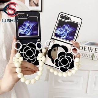 Lushuo เคสโทรศัพท์มือถือ ลายดอกคามิเลีย พร้อมสร้อยข้อมือ ประดับโบว์ สําหรับ Samsung Galaxy Z Flip 5 Z Flip5 ZFlip5 ZFlip 5