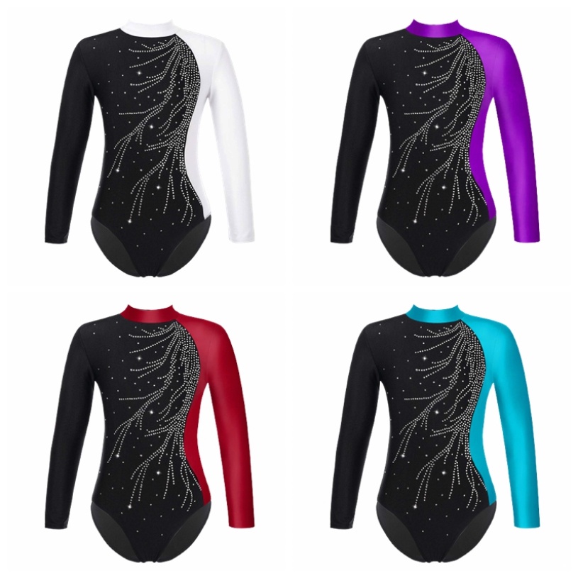เด็กผู้หญิง Mock คอแขนยาว Shiny Faux Diamonds Adorned Keyhole กลับบัลเล่ต์เต้นรํา Leotard สเก็ตน้ําแข็ง Jumpsuit