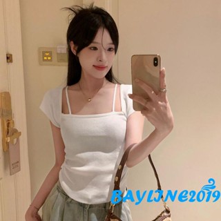 Bay- เสื้อครอปท็อป คอสี่เหลี่ยม แขนพอง สีพื้น สําหรับผู้หญิง ใส่ไปคลับ