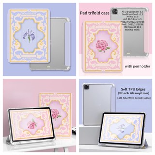 เคสไอแพด Case มีที่ใส่ปากกาหลังใส with iPad Mini6 Air5 Gen9 10.2 Gen7 Gen8 iPad 10.5 Air3 Air4 10.9 iPad Pro11 9.7 Gen5,6 Air เคสใส ลายดอกไม้ พร้อมช่องใส่ปากกา เคสซิลิโคน ฝาพับ พร้อมขาตั้ง