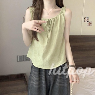 Hitpop- เสื้อกล้าม แขนกุด คอกลม ผูกเชือก สีพื้น ทรงหลวม ฤดูร้อน สตรีทแวร์ สําหรับผู้หญิง