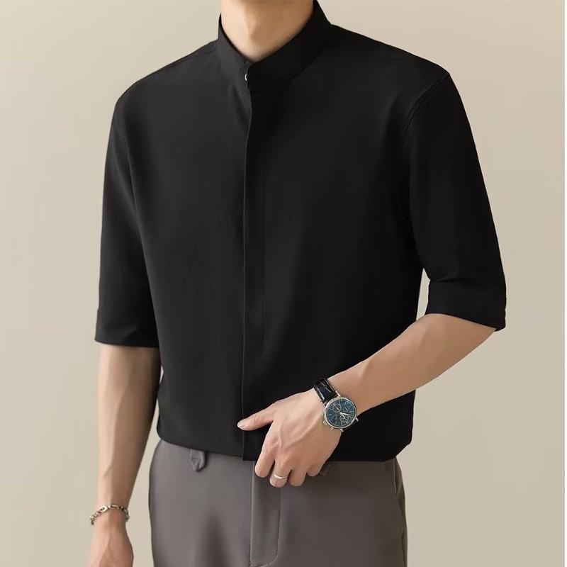 เสื้อเชิ้ตแขนห้าส่วนลําลอง ผ้าเรยอน คอปก เข้ารูป สีขาว สีดํา สีเขียว แบบเรียบง่าย สไตล์เกาหลี เหมาะกับฤดูร้อน สําหรับผู้ชาย