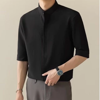 MANSTR ใหม่ เสื้อเชิ้ตแขนห้าส่วน 3 4 ผ้าเรยอน สีขาว ดํา เขียว สไตล์เกาหลี เหมาะกับฤดูร้อน สําหรับผู้ชาย