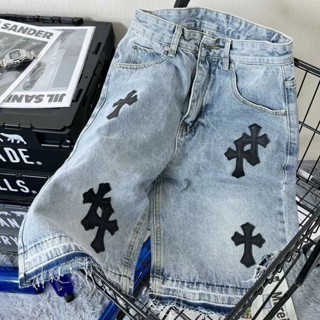 QPGW Chrome Hearts cross leather washed high waist jeans online celebrity couple versatile embroidered jeans pants