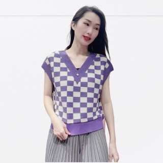 2MUAY รุ่น PP7608T V NECK CHECKERED PRINT PLEAT TOP เสื้อผู้หญิง เสื้อพลีทคุณภาพ สีม่วง FREE SIZE