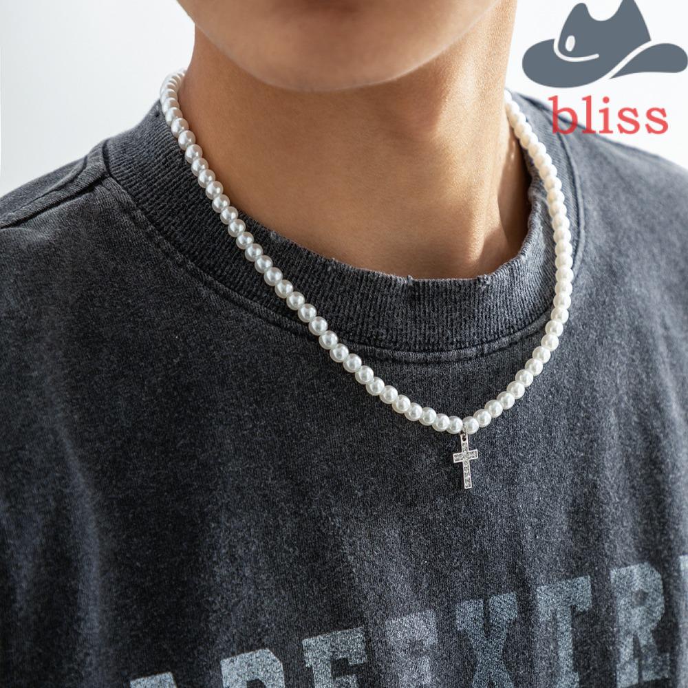 Bliss สร้อยคอ จี้ไม้กางเขน ประดับมุก สไตล์เกาหลี เรโทร สําหรับผู้ชาย