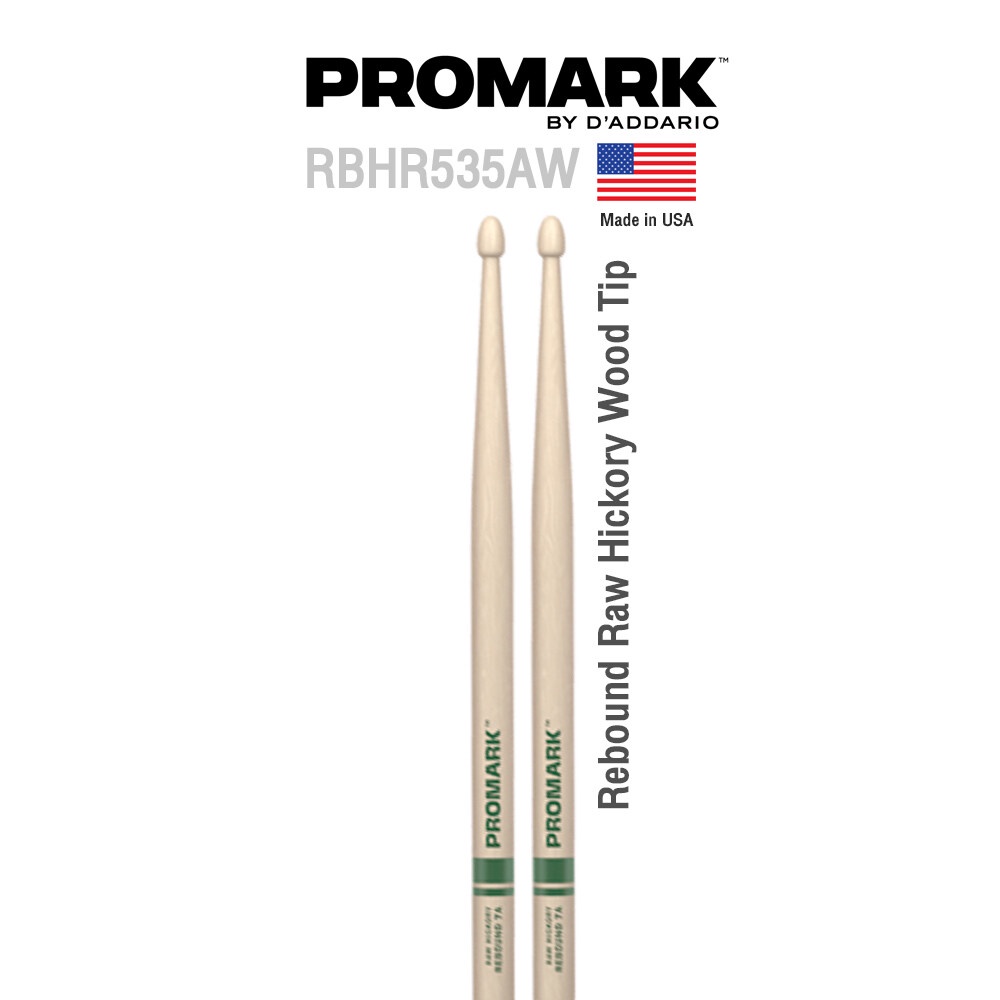 Promark™ ไม้กลอง รุ่น RBHR535AW Rebound 7A Raw Hickory Wood Tip หัวไม้ ** Designed & Made in USA **.