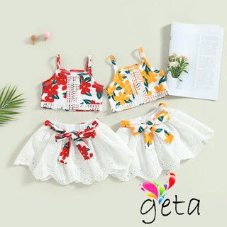 Geta-kis ชุดเสื้อแขนกุด ลายดอกไม้ และกระโปรงลูกไม้ สีขาว พร้อมเข็มขัด แฟชั่นฤดูร้อน สําหรับเด็กผู้หญิง