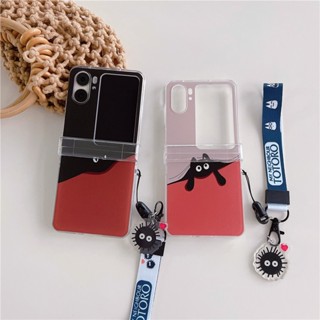 3in1 เคสโทรศัพท์มือถือ PC แข็ง แบบใส กันกระแทก ลายการ์ตูนแมวดําน่ารัก พร้อมสายโซ่คล้อง สําหรับ Oppo Find N2