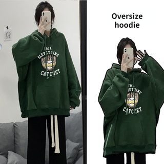 【Hoodie Oversize】เสื้อฮู้ดดี้ แขนยาว ผ้าฝ้าย พิมพ์ลาย พลัสไซซ์ สําหรับผู้หญิง (ใส่ได้ 150 กก.)