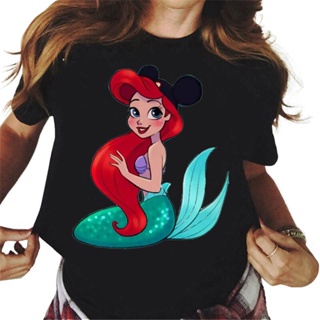 เสื้อยืดแขนสั้นDisney Ariel Little Mermaid Mickey หูหมวกพิมพ์ Women100 % ผ้าฝ้ายเสื้อยืด Casual Streetwear Harajuku เจ้า