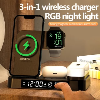 GOOJODOQ 4 in 1 แท่นชาร์จหูฟังไร้สาย พร้อมนาฬิกาปลุก และไฟกลางคืน สําหรับ iPhone Watch