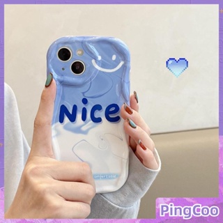 PingCoo - Curved Wave Case For iPhone 14 13 12 11 Pro Max 7 8 Plus XR TPU Soft Glossy Case Blue and White Stitching Smiley Camera Protection Shockproof Back Cover