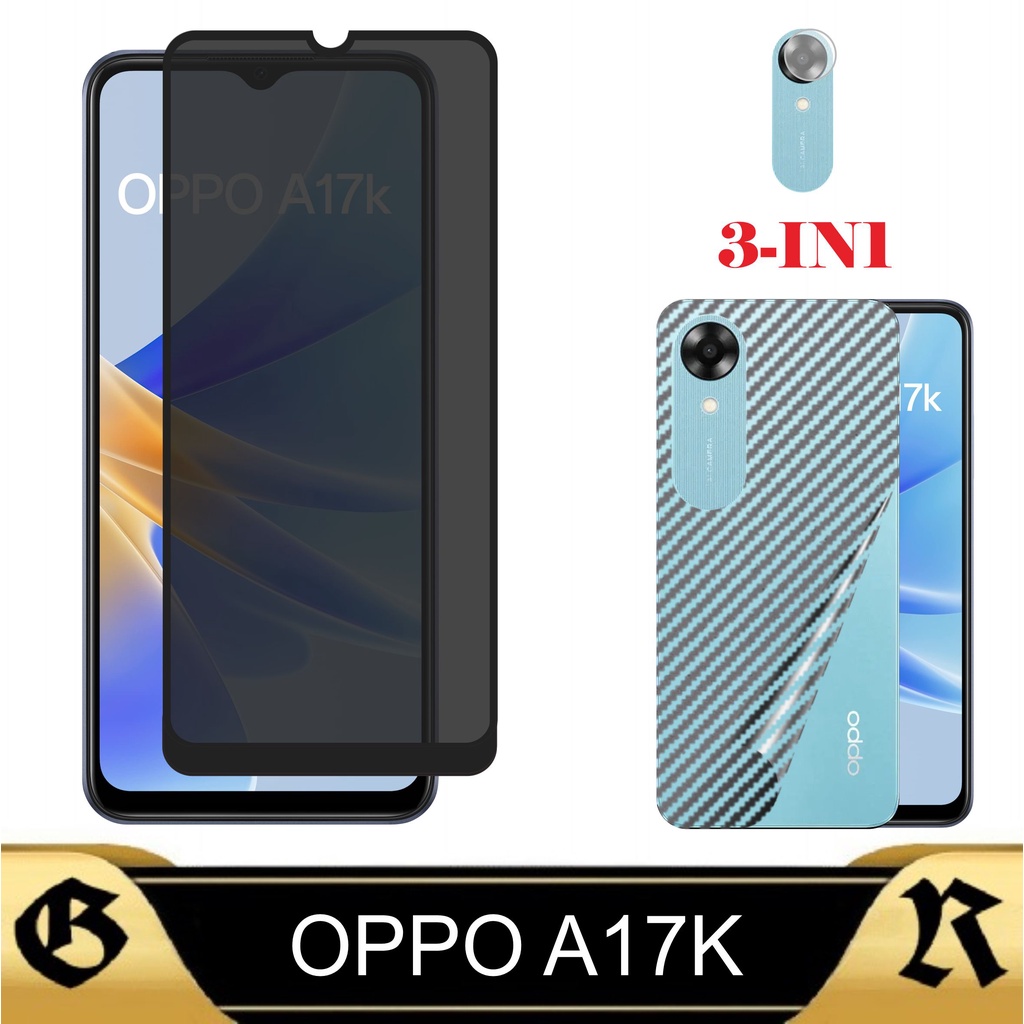 3in1 แพ็คเกจกระจกนิรภัย Oppo A17k 2022 ล่าสุด Anti-Scratch Spy Glass Full Cover Bonus กล้องและ Garsk
